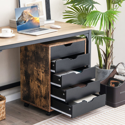 5 Drawer Mobile Lateral Filing Storage Home Office Floor Cabinet with Wheels-Rustic Brown - Image 4