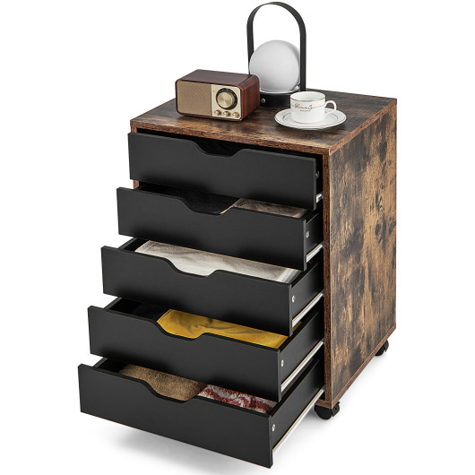5 Drawer Mobile Lateral Filing Storage Home Office Floor Cabinet with Wheels-Rustic Brown - Image 5