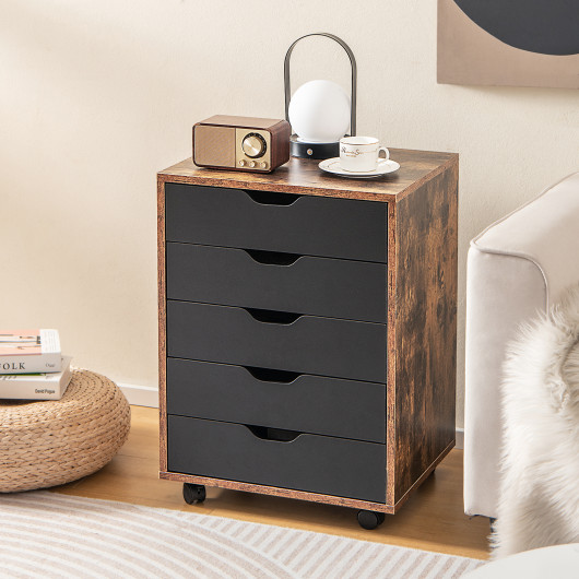 5 Drawer Mobile Lateral Filing Storage Home Office Floor Cabinet with Wheels-Rustic Brown - Image 6