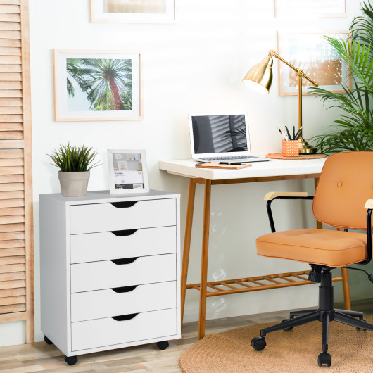 5 Drawer Mobile Lateral Filing Storage Home Office Floor Cabinet with Wheels-White - Image 2
