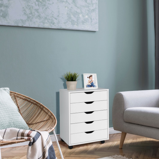 5 Drawer Mobile Lateral Filing Storage Home Office Floor Cabinet with Wheels-White - Image 3