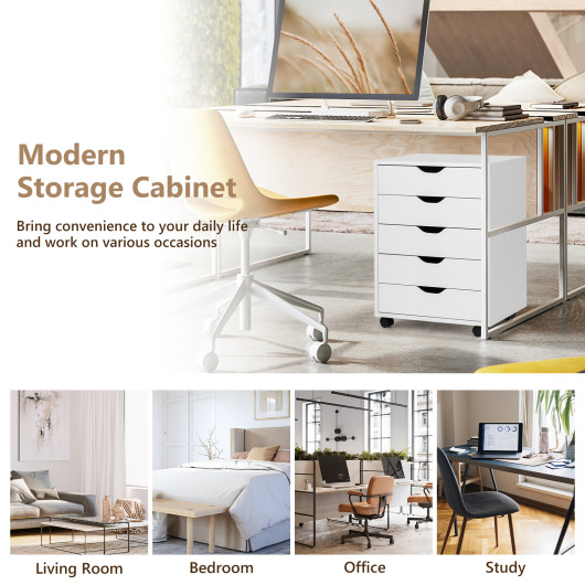 5 Drawer Mobile Lateral Filing Storage Home Office Floor Cabinet with Wheels-White - Image 6