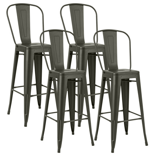 30" Height Set of 4 High Back Metal Industrial Bar Stools-Black