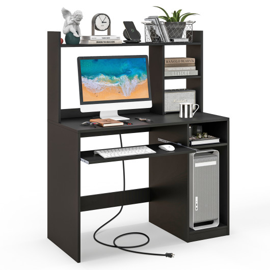 Home Office Computer Desk with Bookcase Keyboard Tray and CPU Stand-Black - Image 6