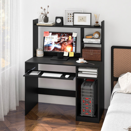 Home Office Computer Desk with Bookcase Keyboard Tray and CPU Stand-Black - Image 2