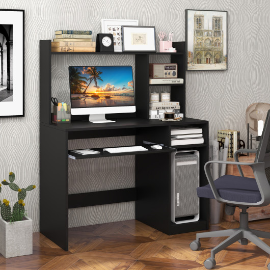 Home Office Computer Desk with Bookcase Keyboard Tray and CPU Stand-Black - Image 3