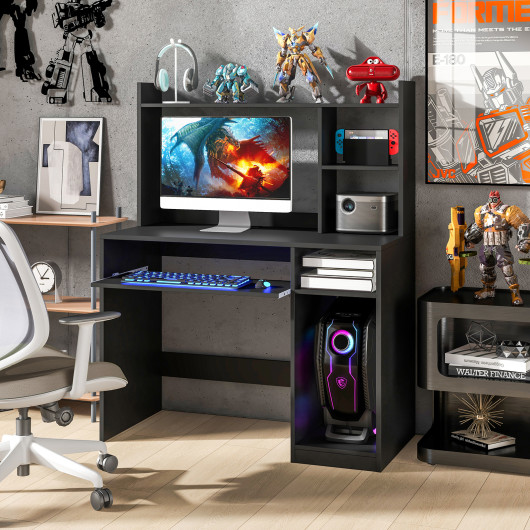 Home Office Computer Desk with Bookcase Keyboard Tray and CPU Stand-Black - Image 5