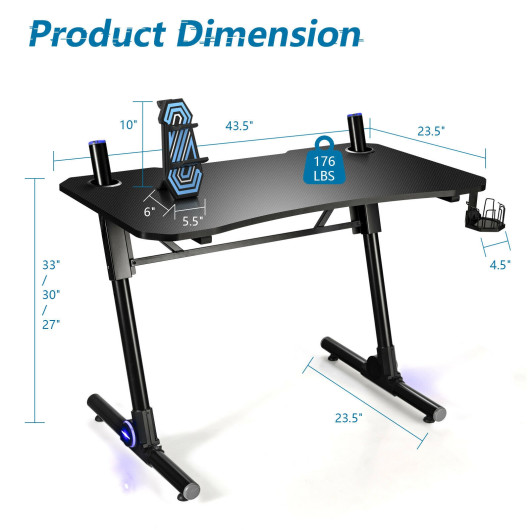 43.5 Inch Height Adjustable Gaming Desk with Blue LED Lights - Image 5