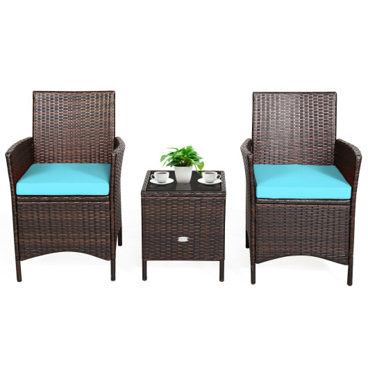 3 Pieces Patio Rattan Furniture Set Cushioned Sofa and Glass Tabletop Deck-Blue - Image 4