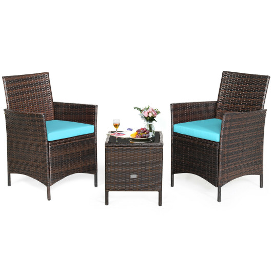 3 Pieces Patio Rattan Furniture Set Cushioned Sofa and Glass Tabletop Deck-Blue - Image 5
