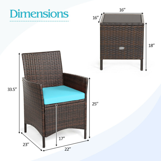 3 Pieces Patio Rattan Furniture Set Cushioned Sofa and Glass Tabletop Deck-Blue - Image 6