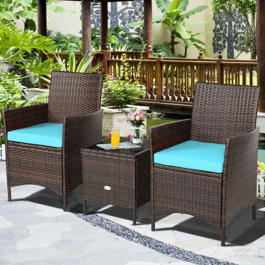 3 Pieces Patio Rattan Furniture Set Cushioned Sofa and Glass Tabletop Deck-Blue - Image 3