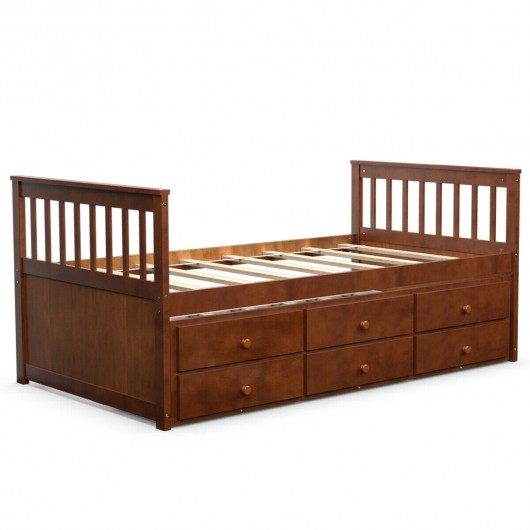 Twin Captains Bed with Trundle and 3 Storage Drawers-Walnut