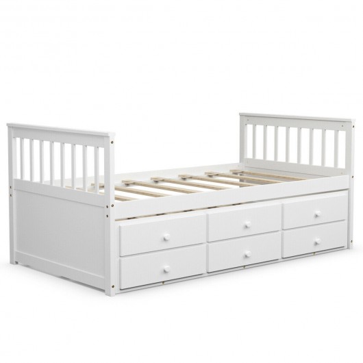 Twin Captains Bed with Trundle and 3 Storage Drawers-White