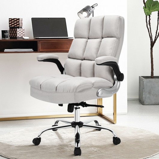 Adjustable Swivel Office Chair with High Back and Flip-up Arm for Home and Office-Beige - Image 2