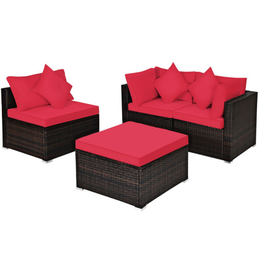 4 Pcs Ottoman Garden Deck Patio Rattan Wicker Furniture Set Cushioned Sofa-Red - Image 6