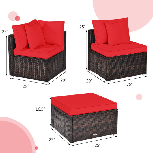4 Pcs Ottoman Garden Deck Patio Rattan Wicker Furniture Set Cushioned Sofa-Red - Image 2
