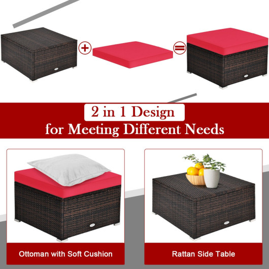 4 Pcs Ottoman Garden Deck Patio Rattan Wicker Furniture Set Cushioned Sofa-Red - Image 3