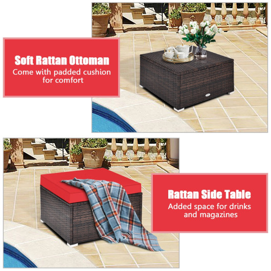 4 Pcs Ottoman Garden Deck Patio Rattan Wicker Furniture Set Cushioned Sofa-Red - Image 4