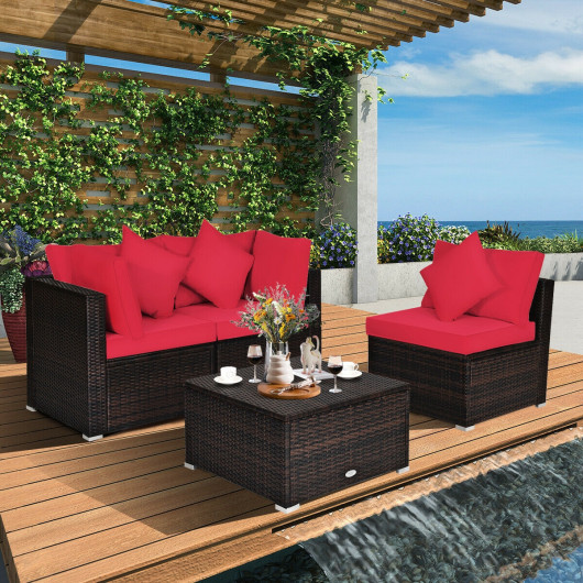 4 Pcs Ottoman Garden Deck Patio Rattan Wicker Furniture Set Cushioned Sofa-Red - Image 5