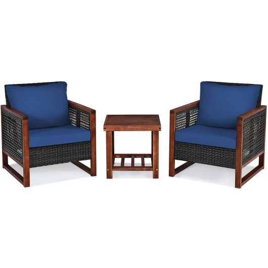 3 Pieces Patio Wicker Furniture Set with Washable Cushion and Acacia Wood Coffee Table-Navy