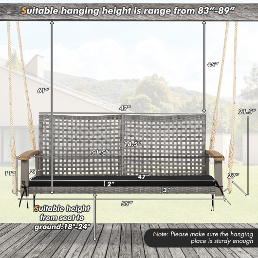 2-Person Patio Wicker Hanging Swing Chair-Black - Image 3