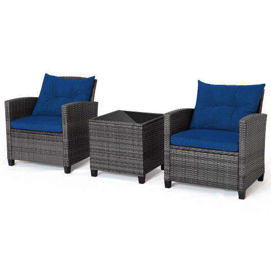 3 Pieces Outdoor Wicker Conversation Set with Tempered Glass Tabletop-Navy - Image 3