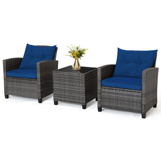 3 Pieces Outdoor Wicker Conversation Set with Tempered Glass Tabletop-Navy - Image 5