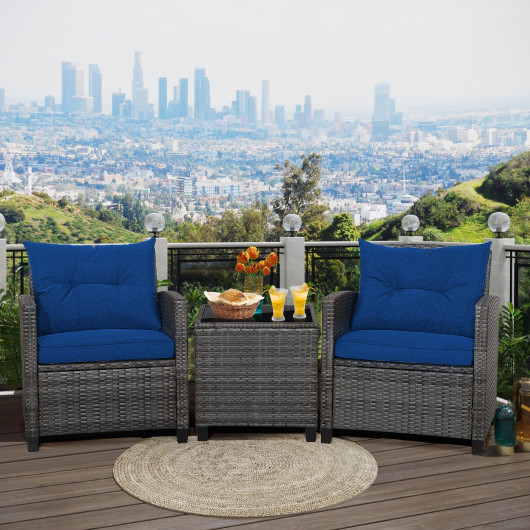 3 Pieces Outdoor Wicker Conversation Set with Tempered Glass Tabletop-Navy - Image 6