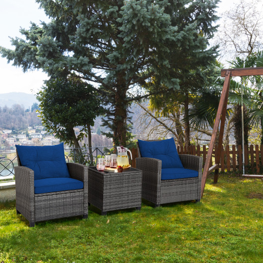3 Pieces Outdoor Wicker Conversation Set with Tempered Glass Tabletop-Navy - Image 2