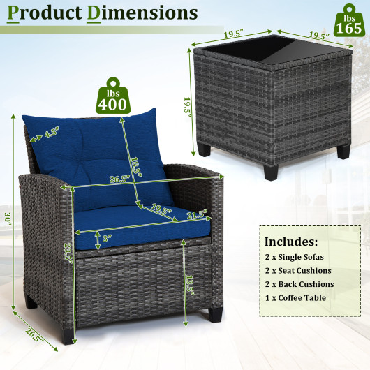 3 Pieces Outdoor Wicker Conversation Set with Tempered Glass Tabletop-Navy - Image 4