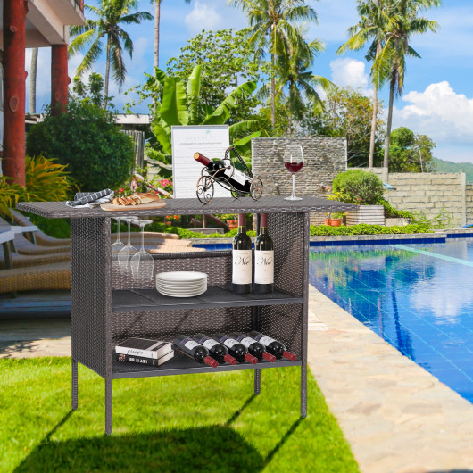 Outdoor Wicker Bar Table with 2 Metal Mesh Shelves - Image 5