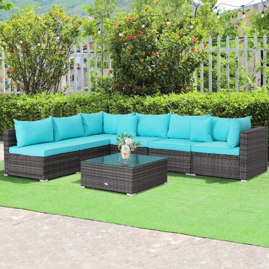 7 Pieces Patio Rattan Furniture Set with Sectional Sofa Cushioned-Turquoise - Image 5