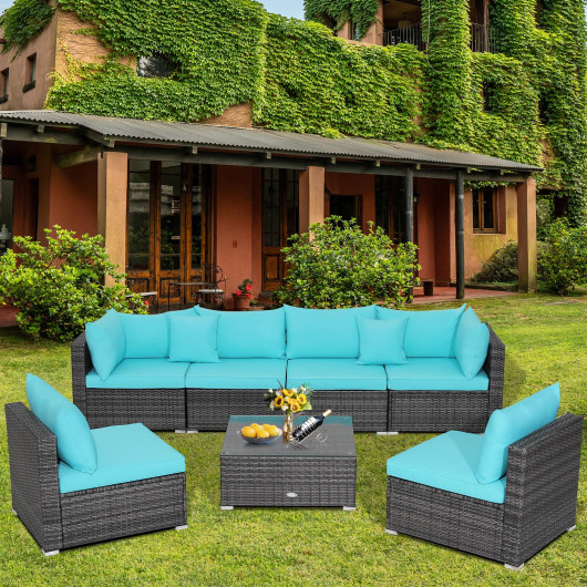 7 Pieces Patio Rattan Furniture Set with Sectional Sofa Cushioned-Turquoise - Image 6