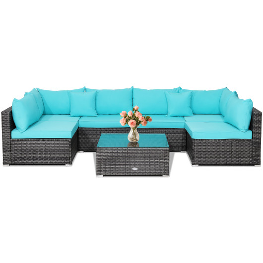 7 Pieces Patio Rattan Furniture Set with Sectional Sofa Cushioned-Turquoise - Image 3