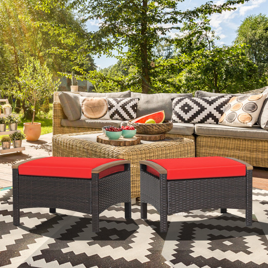 Set of 2 Fade-Resistant Wicker Patio Ottoman-Red - Image 3