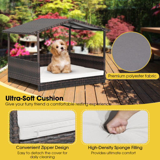 Outdoor Wicker Dog House with Weatherproof Roof-White - Image 4