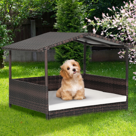 Outdoor Wicker Dog House with Weatherproof Roof-White - Image 2