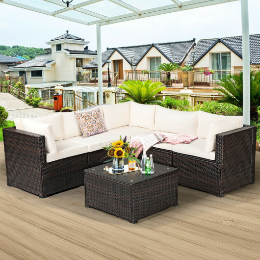 6 Pieces Patio Furniture Sofa Set with Cushions for Outdoor-Beige - Image 2