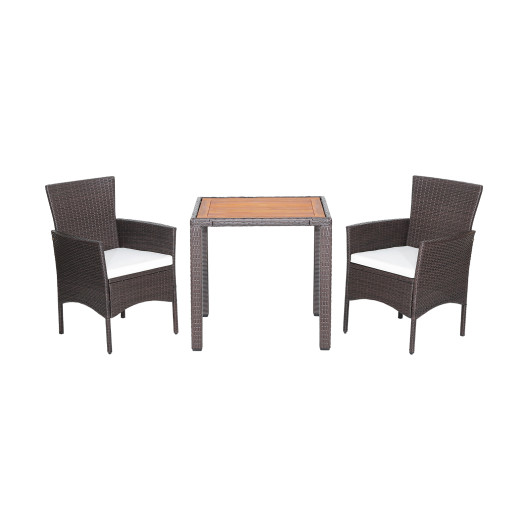 3 Pieces Patio Wicker Furniture Set wih Acacia Wood Table Top and Chair Cushiones - Image 6