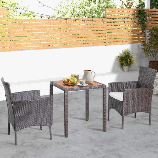 3 Pieces Patio Wicker Furniture Set wih Acacia Wood Table Top and Chair Cushiones - Image 2