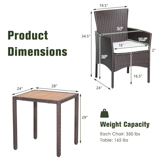 3 Pieces Patio Wicker Furniture Set wih Acacia Wood Table Top and Chair Cushiones - Image 3