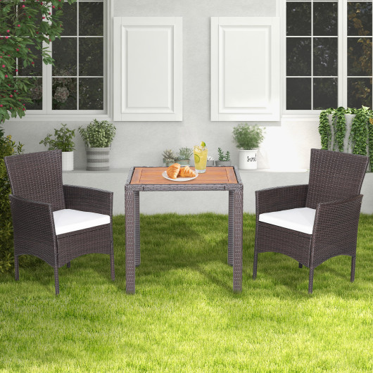 3 Pieces Patio Wicker Furniture Set wih Acacia Wood Table Top and Chair Cushiones - Image 4