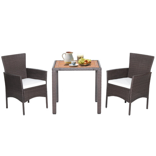 3 Pieces Patio Wicker Furniture Set wih Acacia Wood Table Top and Chair Cushiones - Image 5