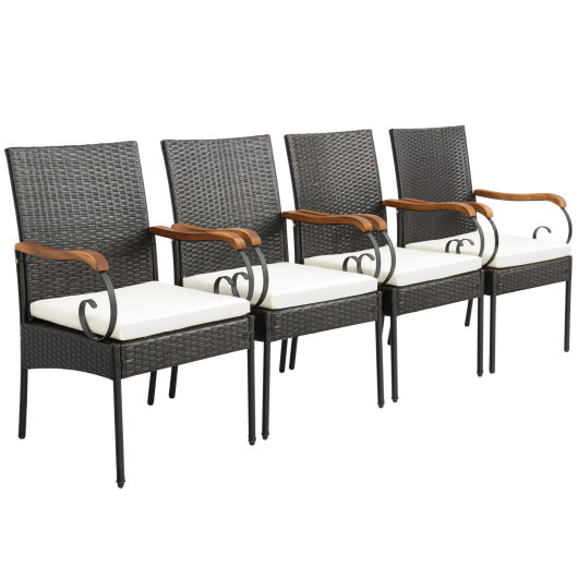 Set of 2-4 Outdoor PE Wicker Chair with Acacia Wood Armrests-Set of 4