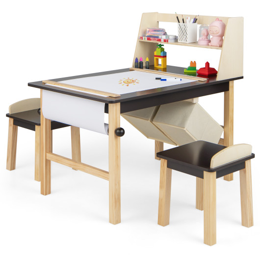 Kids Art Table and Chairs Set with Paper Roll and Storage Bins-Coffee - Image 6
