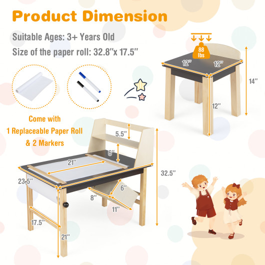 Kids Art Table and Chairs Set with Paper Roll and Storage Bins-Coffee - Image 2