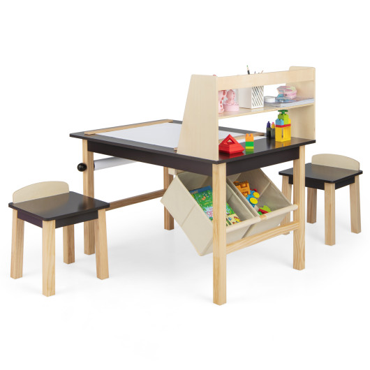 Kids Art Table and Chairs Set with Paper Roll and Storage Bins-Coffee - Image 3