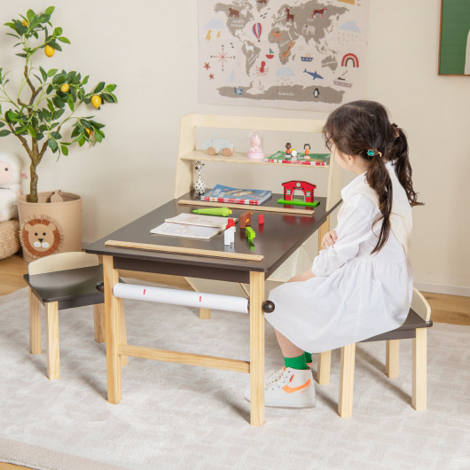 Kids Art Table and Chairs Set with Paper Roll and Storage Bins-Coffee - Image 4
