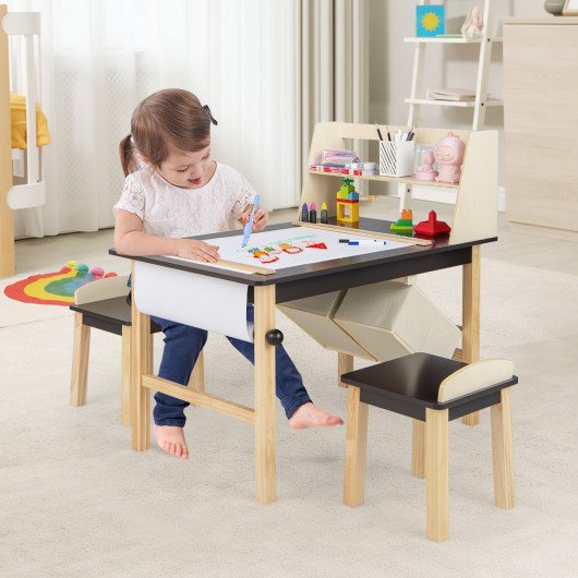 Kids Art Table and Chairs Set with Paper Roll and Storage Bins-Coffee - Image 5